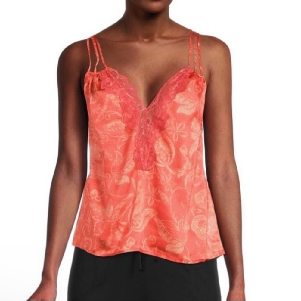 Free People Coral Lace Trim Paisley Satin Camisole